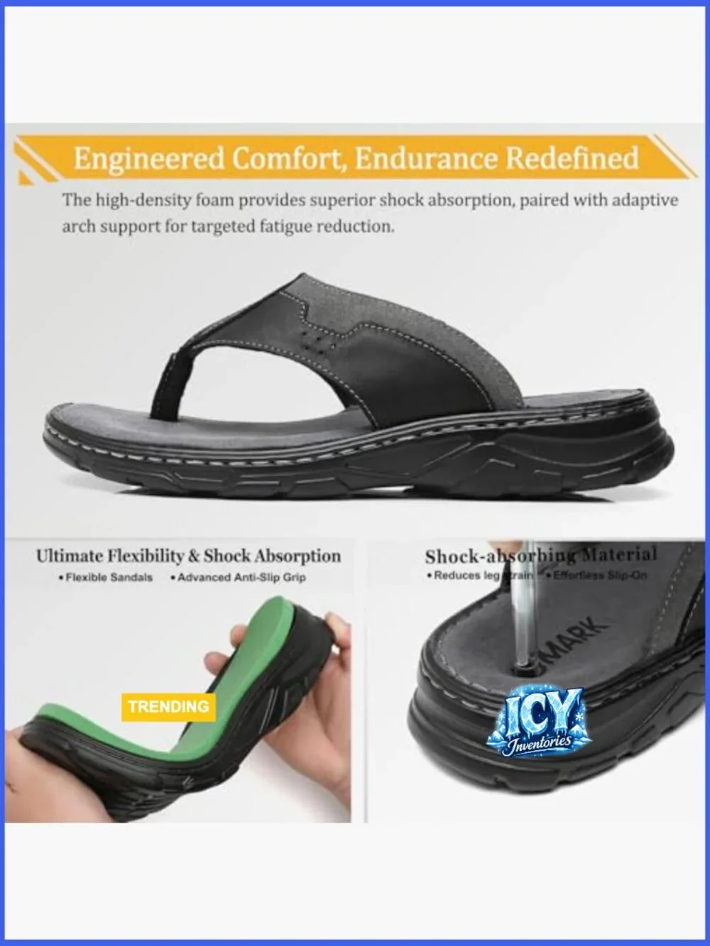 Men's Leather Flip Flops, Arch Support Memory Foam Thong Sandals